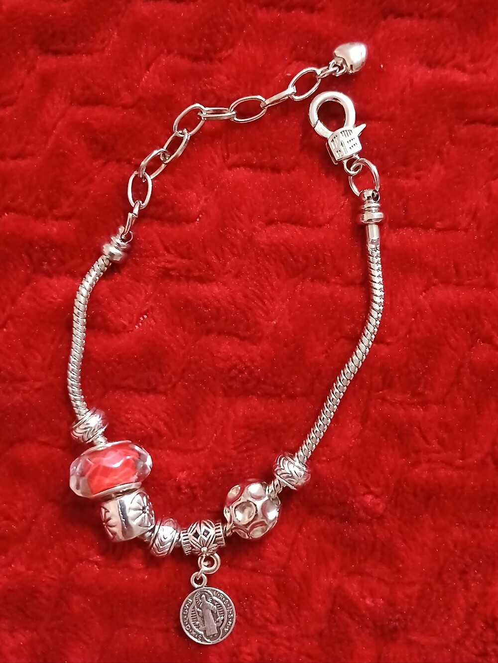 Silver Charm Bracelet with Red Accent Bead